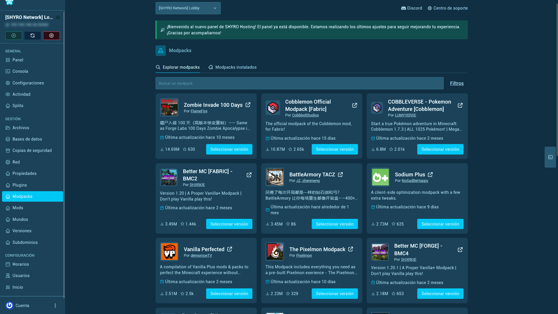 Gestor de modpacks de SHYRO PANEL