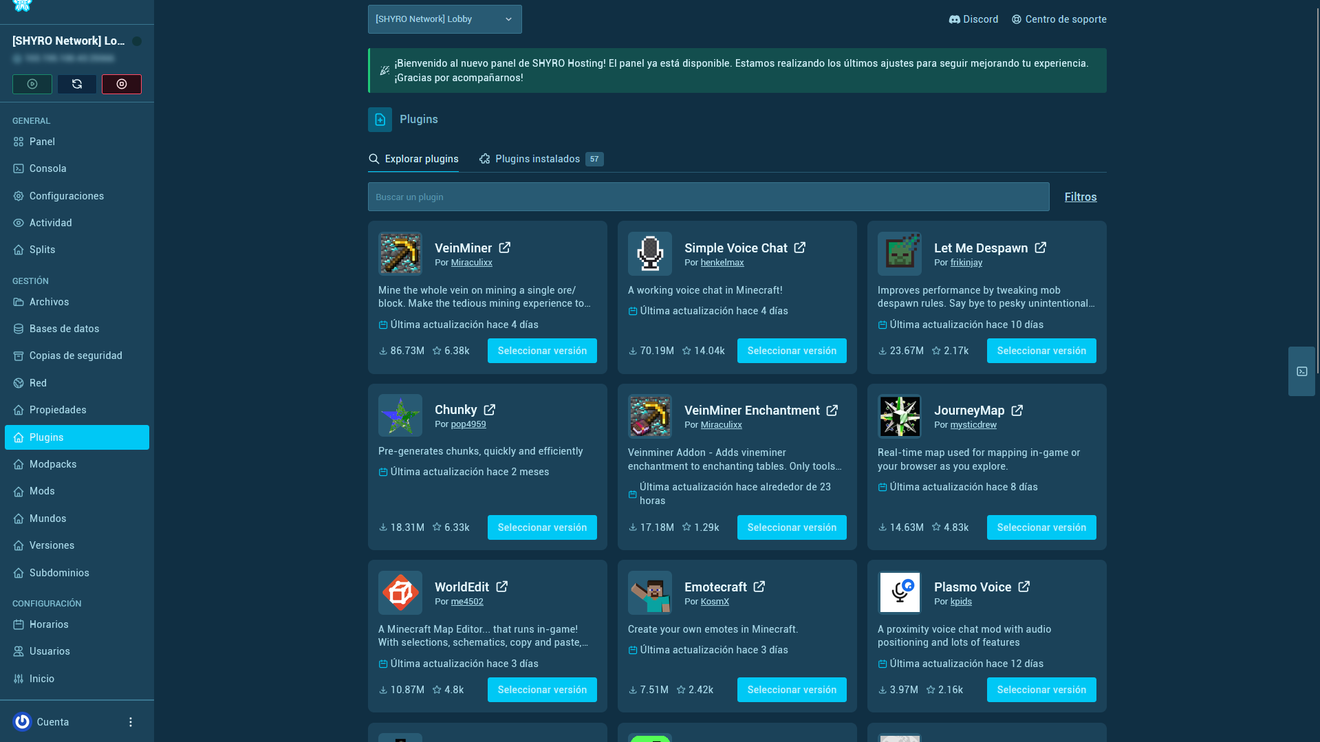 Gestor de plugins de SHYRO PANEL